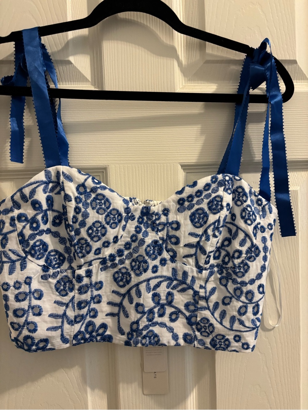 Altar’d State Blue & White Embroidered Tie-Strapped Crop Top